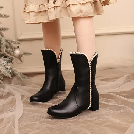 Women Pink Cute Cosplay Mid-calf Boots Pearl Bordered Block Heels Boots White Sweet Princess Shoes Small Size 31 32 33 Ladies