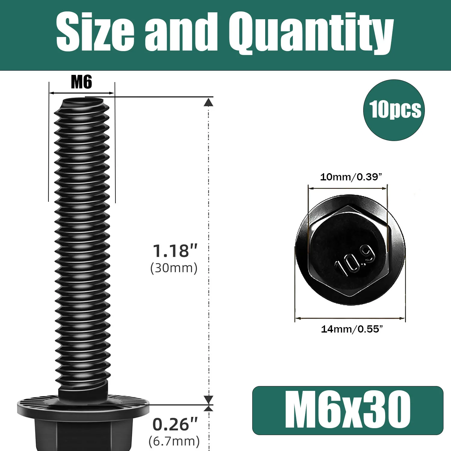 10pcs of M6/M8 12/16/20/25/30mm Flange Hexagon Head Bolts, Outer Flange Hexagon Screws, Grade 10.9 Steel, Black Galvanized M6 Bo