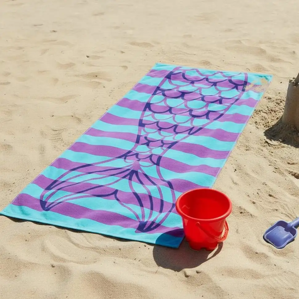 Purple Print Mermaid Design Teens Kids Cotton Blend Beach Towel, 30 X 60 Inches, Mermaid Tail