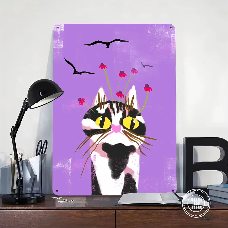 Curious Cat With Birds and Flowers Metal Poster Customized Wall Art Retro Vintage Metal Signs for Man Cave Home Decorations Room