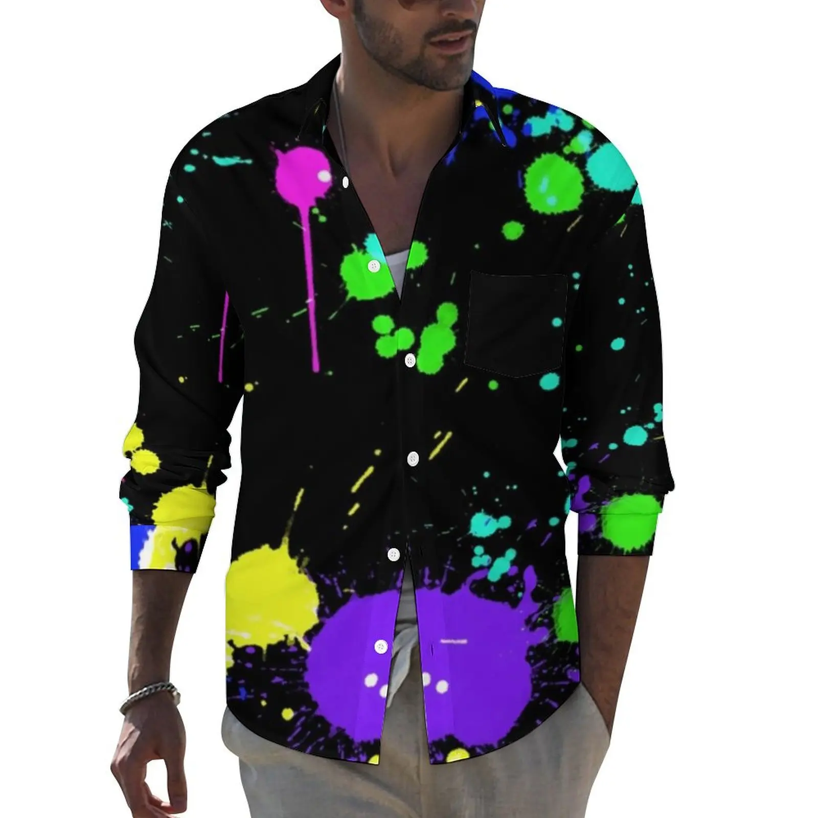 

Cool Paint Splatter Funny Casual Shirt Man Neon Bright Print Shirt Spring Trending Blouses Long Sleeve Graphic Oversize Clothes