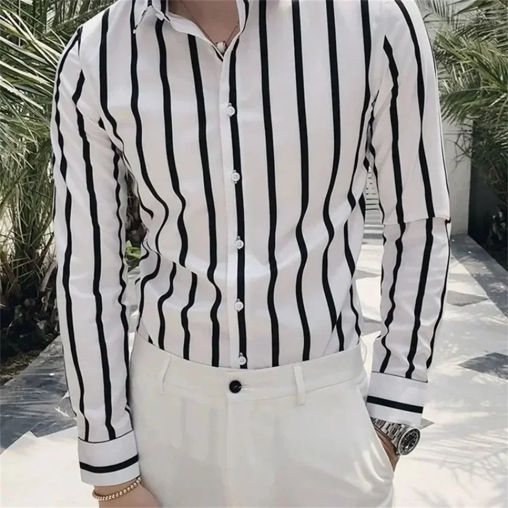 2024 Men\'s Shirts Formal Loose Men Striped Office Solid Shirts Promotion Elegant Slim Shirts Fast Shipping XS-6XL