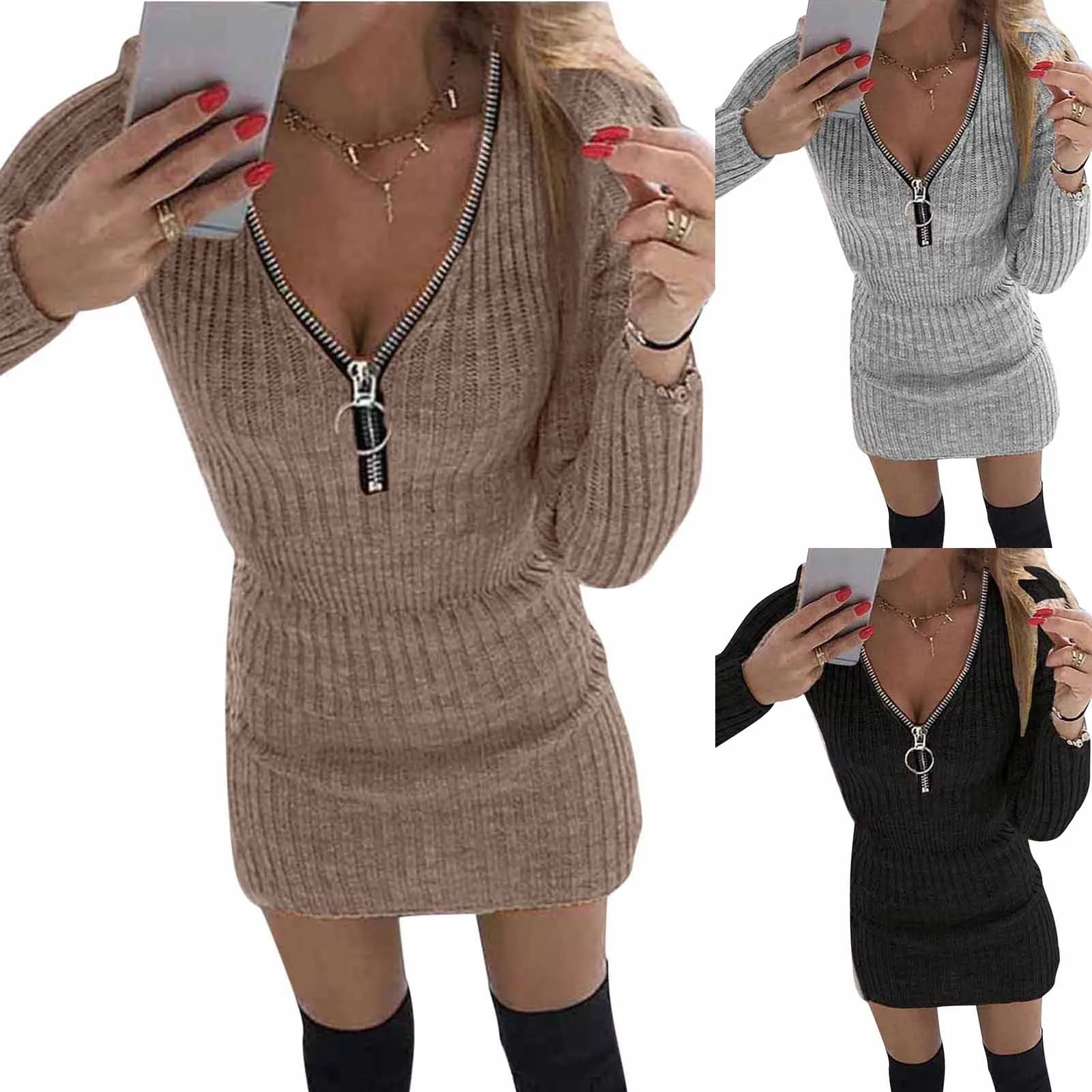 Elegant Woman Party Dress Solid Colour Zip Knit Slim Fit Dress Long Sleeve Sweater Pullover Mini Dress Sexy Casual Winter Dress