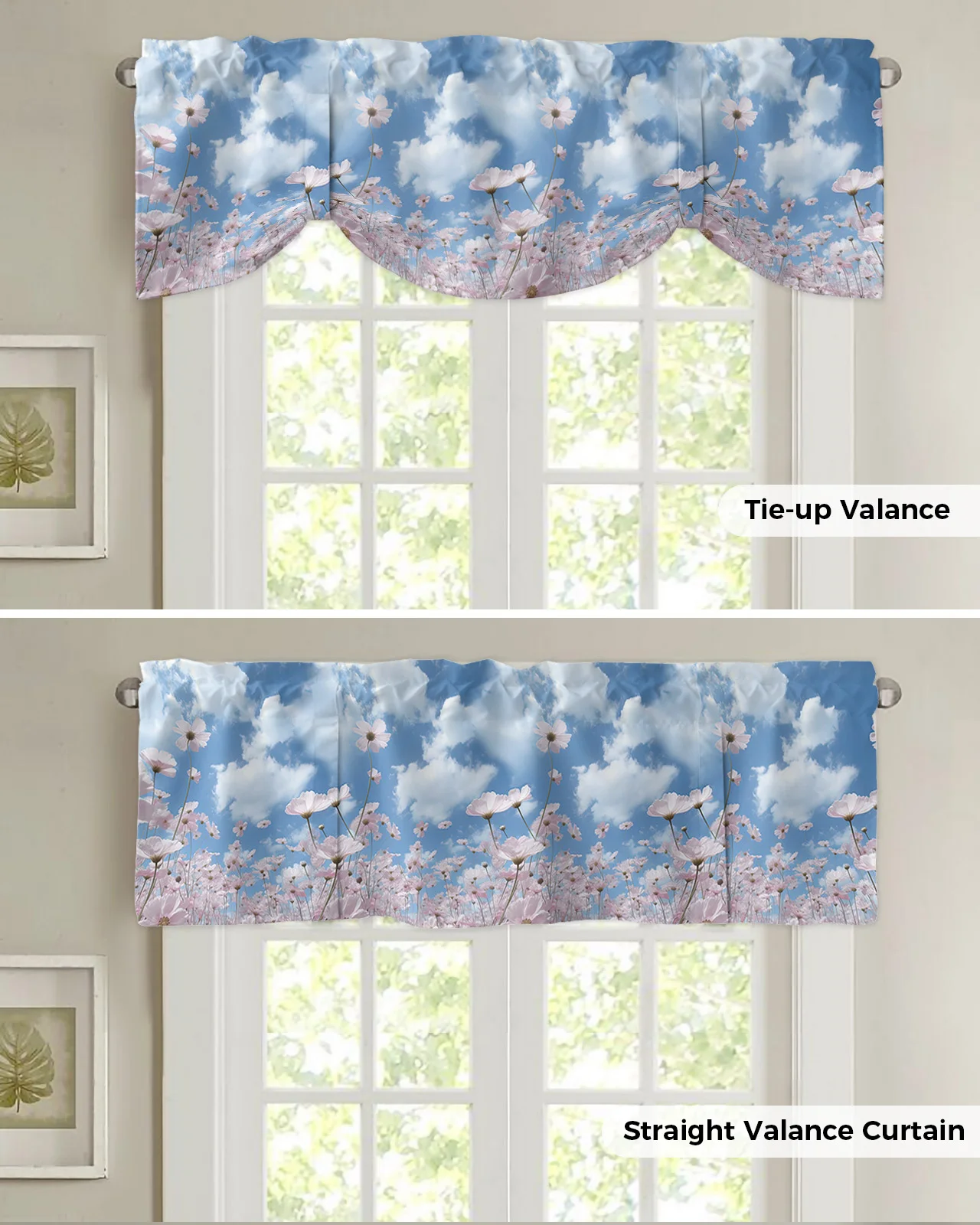 Blue Sky Clouds Flowers Window Curtain Living Room Kitchen Cabinet Tie-up Valance Curtain Rod Pocket Valance