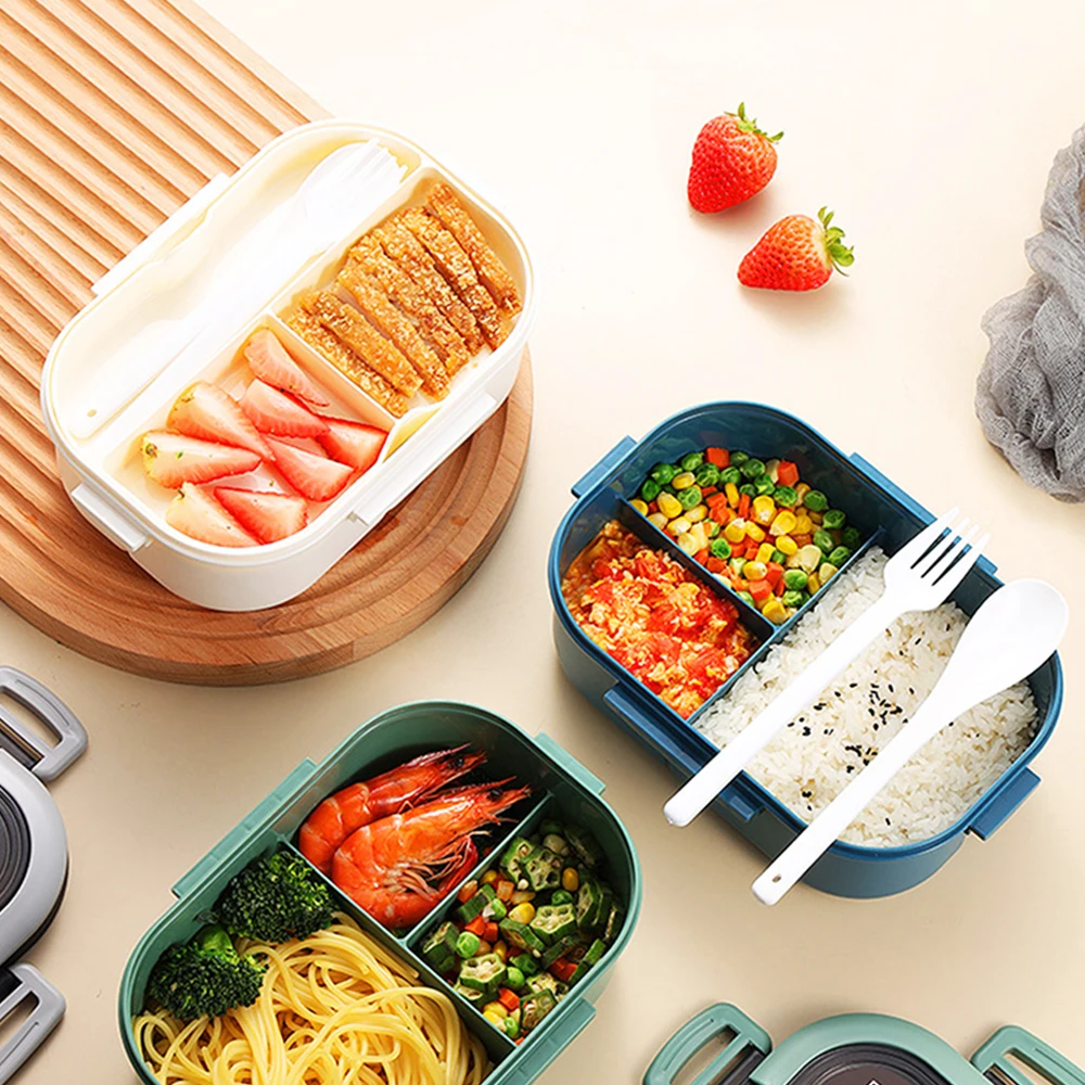 Portable Hermetic Lunch Box 2 Layer Grid Student Office Worker Microwave Hermetic Bento Box with Fork Spoon Outdoor Picnic