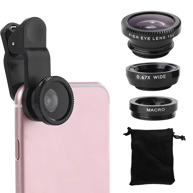 3in1 Fisheye Lens Wide Angle Micro Camera Lens for iPhone 14 13 3IN1 Zoom Fish Eye Len for Smartphone Lenses with Phone Clip