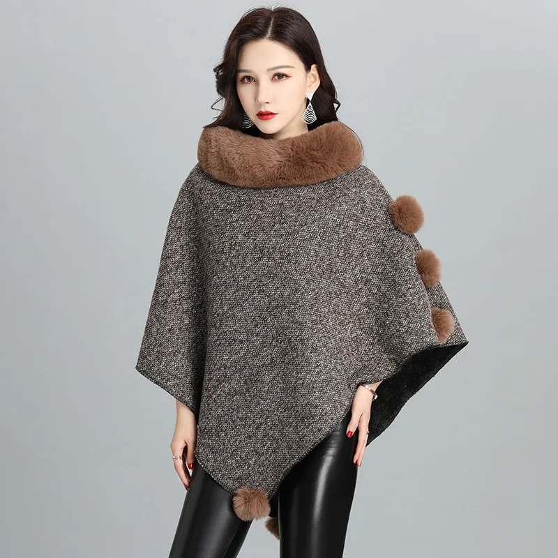 

Soliod Colors New Loose Poncho Cloak Winter Plaid Warm O Neck String Faux Rabbit Fur Women Pullover Cape Shawl Overcoat Wh13
