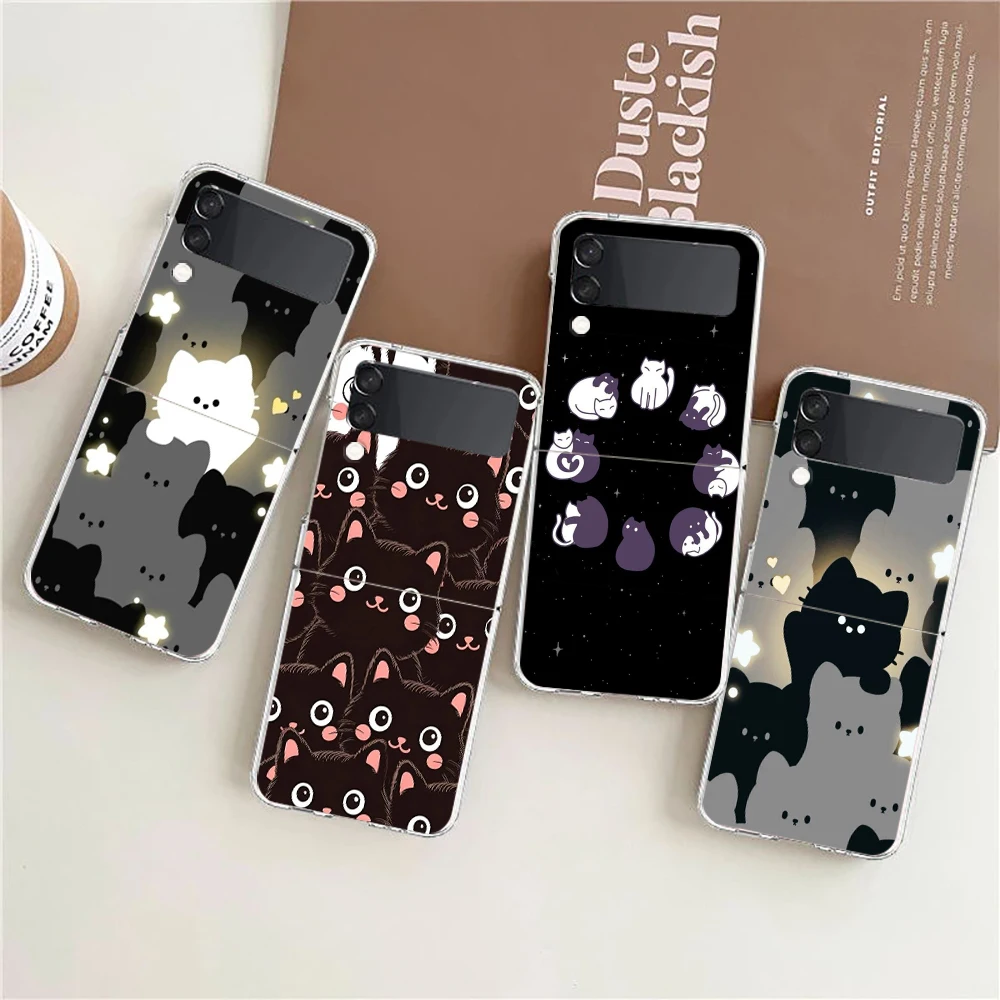 Cute Black Cats Kawaii Creative Phone Cover For Samsung Galaxy Z Flip 7 6 5 4 Case Transparent For Samsung Z Flip3 Hard PC Shell