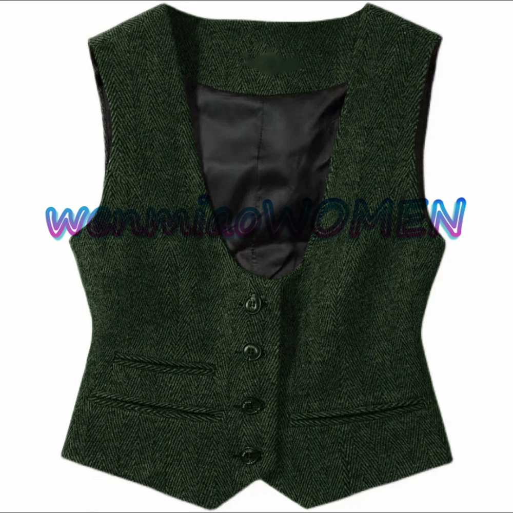 Gilet vintage à chevrons pour femme, veste sans manches coupe ajustée, gilet en laine, gilets de costume gris foncé pour femme, nouveau, 2022