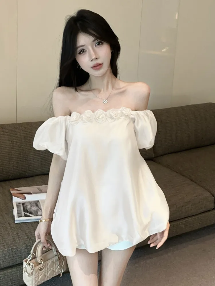 Off shoulder bubble sleeve shirt spring romantic and sexy style loose three-dimensional flower slimming elegant pullover top