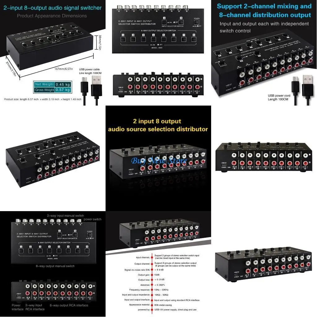 

20CE Distribution Splitters 2 Input 8 Output Sound Source Switcher 10KΩ-50KΩ