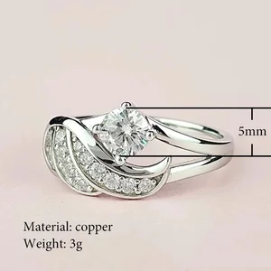 Nova Moda Asas De Anjo Incrustados Zircão Anel das Mulheres Galvanoplastia Cor Prata Brilhante Rhinestone Criativo Senhoras Jóias 10 principais vendas anel asas anjo - №9