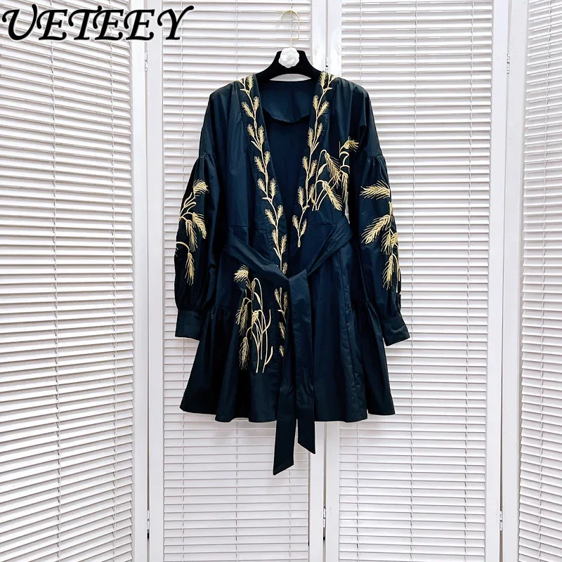 French Retro Dark Style Elegant Machine Embroidery Lace-up Dress Women's Spring Autumn New Long Sleeves Mid-length Dress Lady