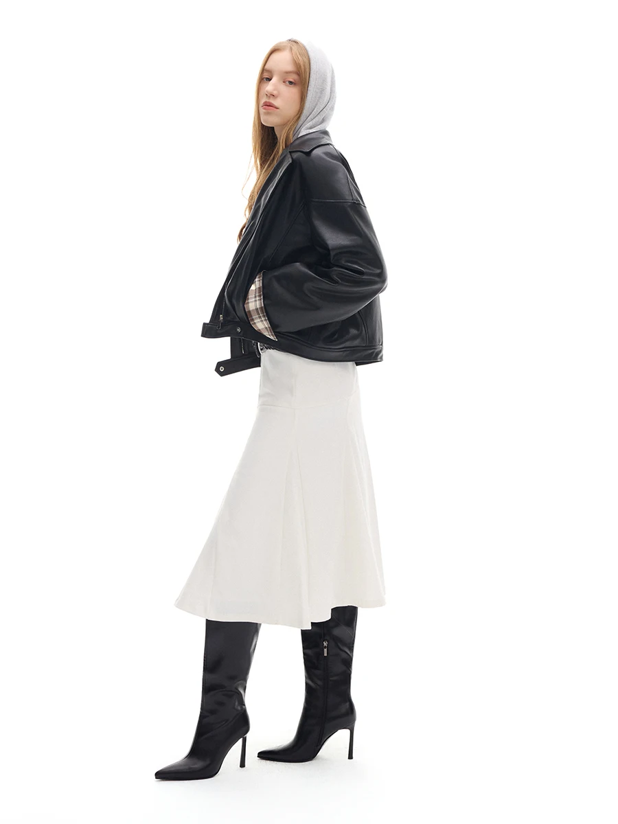 Retro xadrez motociclista couro jaet gola feminina design emenda outerwear couro do plutônio longo sve fechamento com zíper ajuste regular