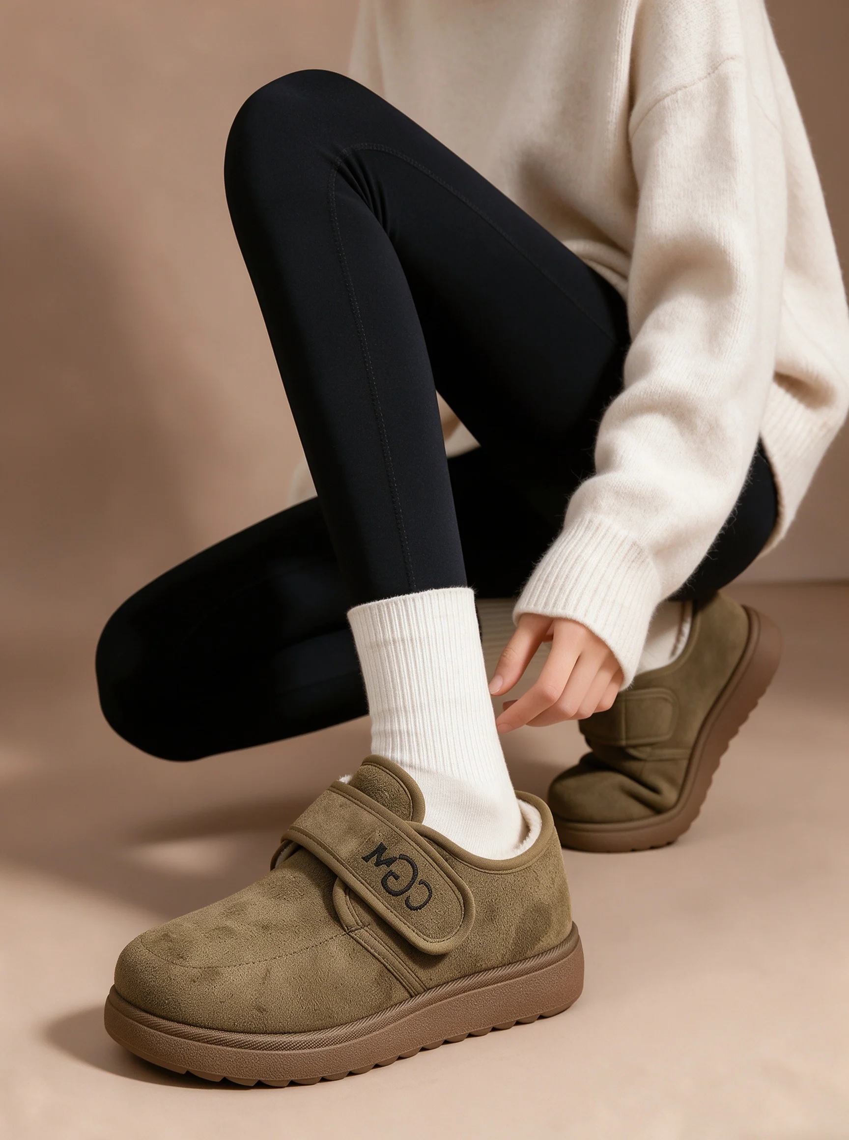 Damen-Winter-Fleece-Innensohlen-Loafer mit Obermaterial aus ultrafeinem Faser-Wildleder und thermischem Baumwollfutter mit Klettverschluss, lässige Outdoor-Schuhe – Detail 7