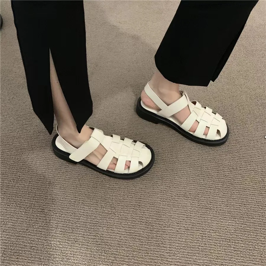 Hollow Woven Sandals Women Summer New Casual Flat Bottom Roman Solid Colour Shoes Lightweight Casual Round Head Slippers