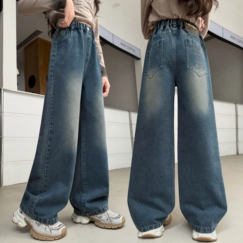 

Minimalist Style Children Classic Wide Leg Jeans for Tweens Girl Loose Brief Blue Denim Pants Kids Casual Jeans Trousers 5-14Y