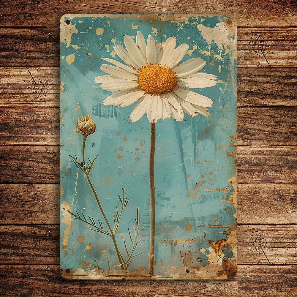 1PC Vintage White Daisy Metal Plaque Rustic Iron Wall Art Decoration Vintage Plaque for Home and Garden Decor 8x12 Inches