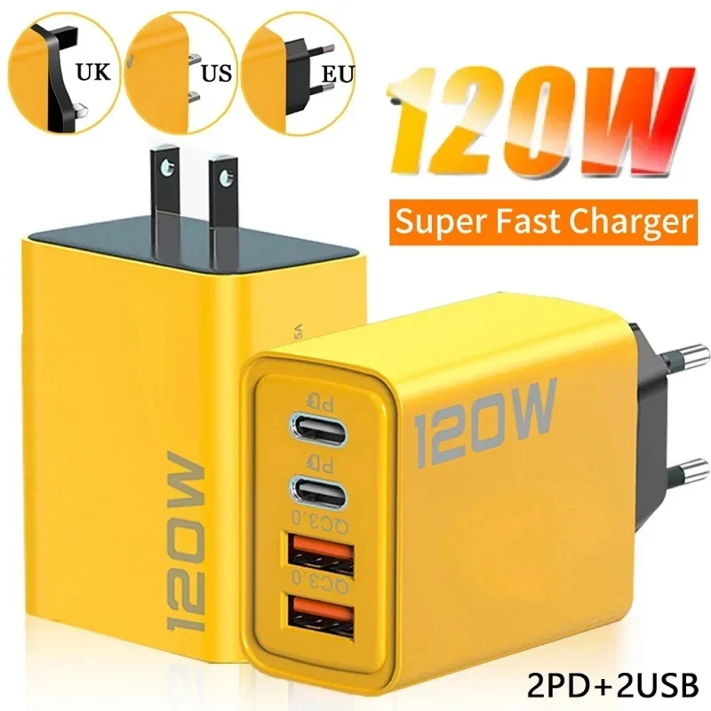 4 Port USB Type C Charger 120W PD Quick Charge Mobile Phone Charger Adapter For iPhone Samsung Xiaomi EU/US/UK Plug Wall Charger