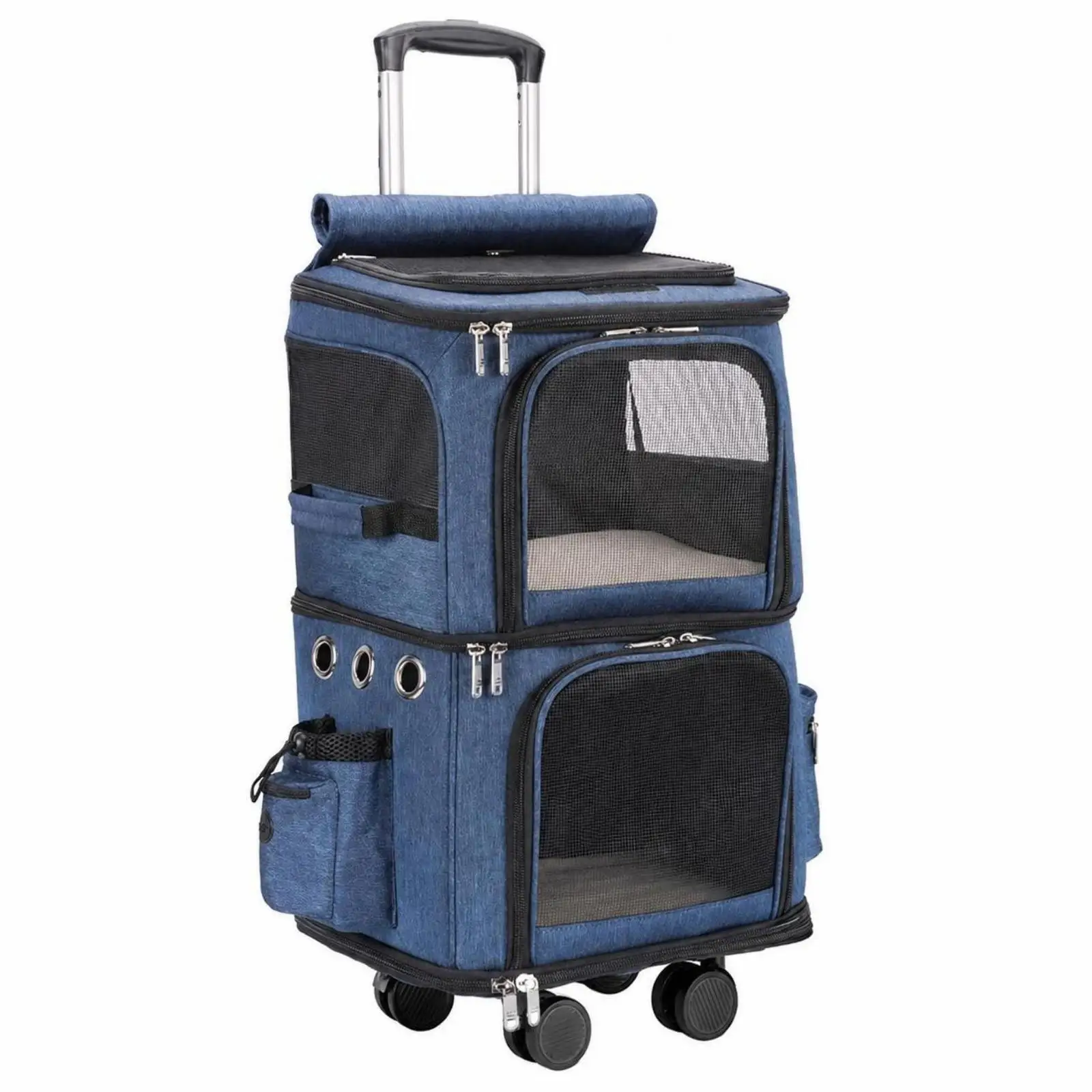 Double Decker Pet Carrier Portable Rolling Pet Carrier Travel Bag Foldable