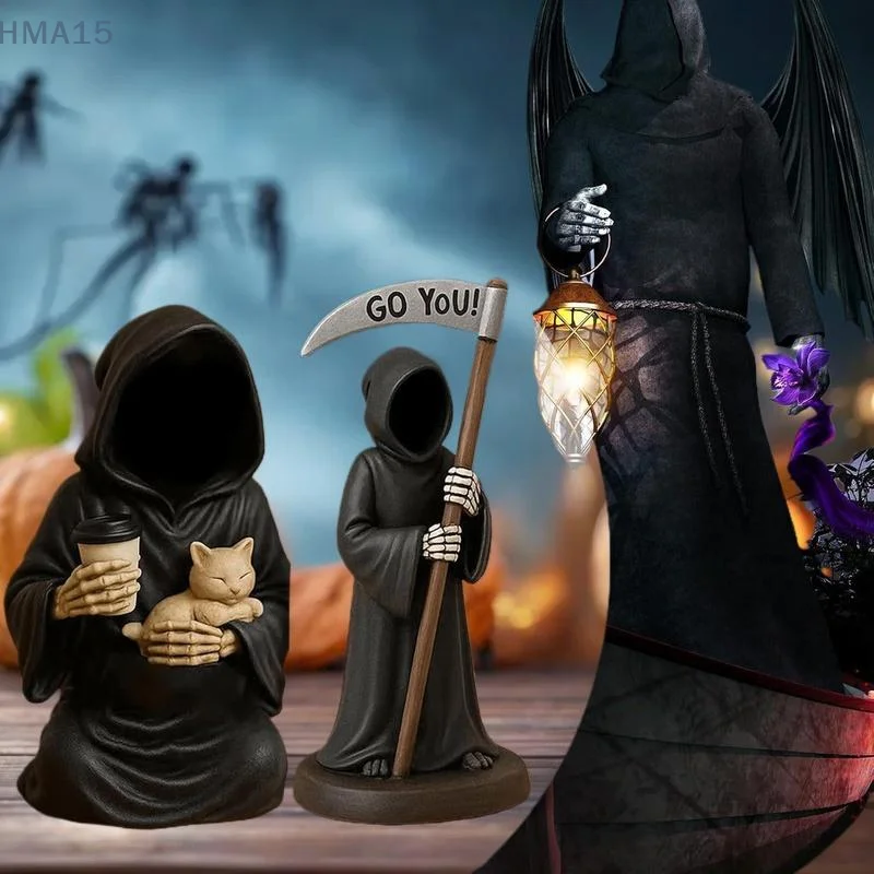 Condolence Coffee Cup Bearing Reaper Sculpture with Emotional Support Cat