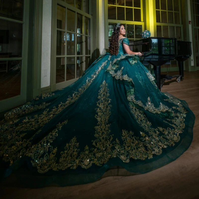 أسود أخضر لامع فساتين Quinceanera قبالة الكتف زين الدانتيل الديكور كريستال تول مشد حفلة عيد ميلاد الحلو 16 فستان