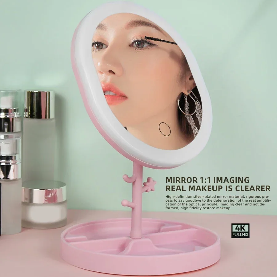 Makeup Mirror With LED Light Desktop Fill Light Desktop Folding Metal Beauty Dressing Mirror Home Dormitory Rechargeable Light