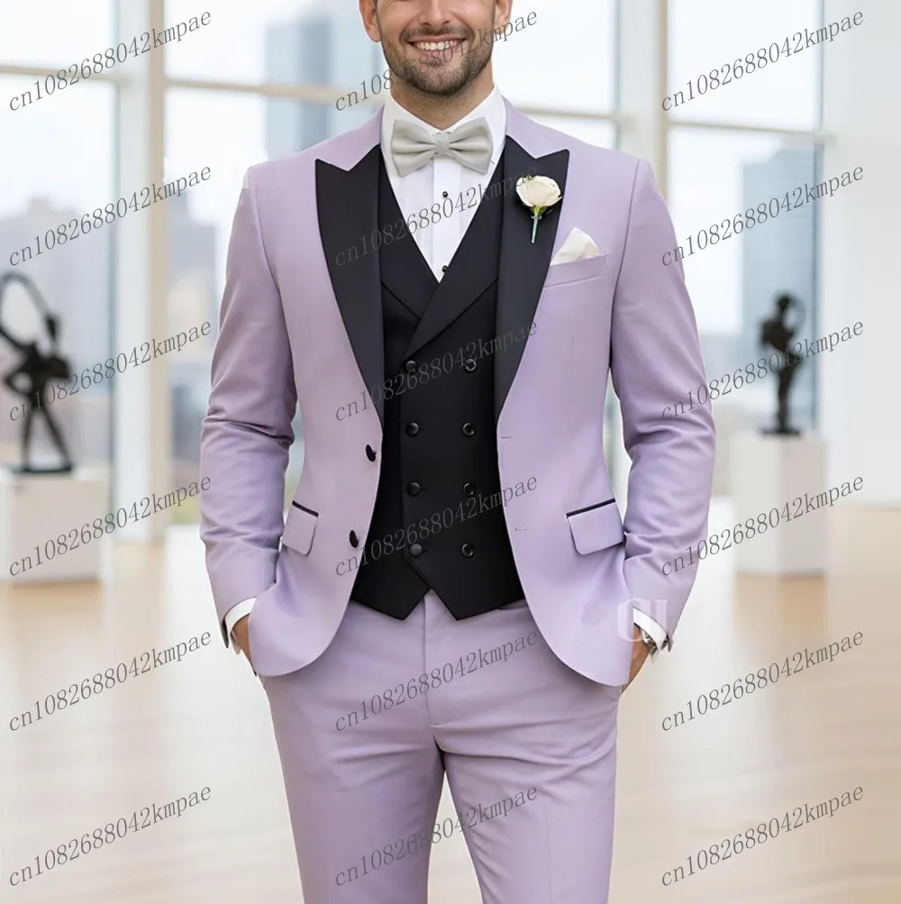 

Лавандово-черный новый мужской костюм для свадьбы, торжеств, выпускного, деловых встреч, смокинг из 3 предметов: пиджак, жилет, брюки