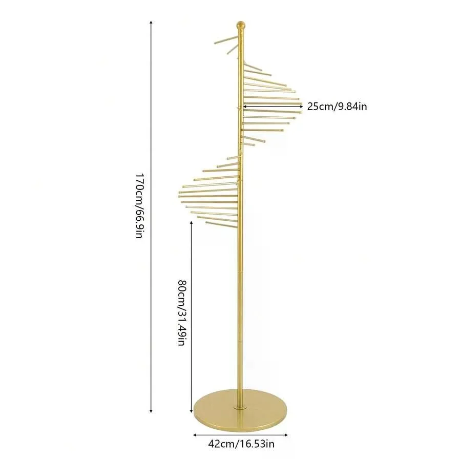 67in Gold Spiral Metal Scarf Display Stand With 30 Hanging Rods, Freestanding Hijab Belt Pants Organizer Rack For Clothing Store Closet