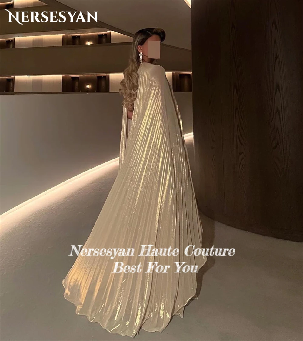 Nersesyan Elegant Pleats Fomal Evening Dresses Cape Sleeves A-Line O-Neck Prom Dress Saudi Arabia Pageant Celebrity Party Gowns