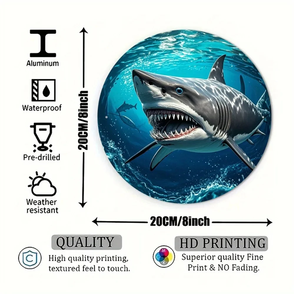 2D Metal Sign - White Shark Swimming Ocean Retro Wall Decoration, Housewarming Gift for Neighbors and Friends 8x8inch