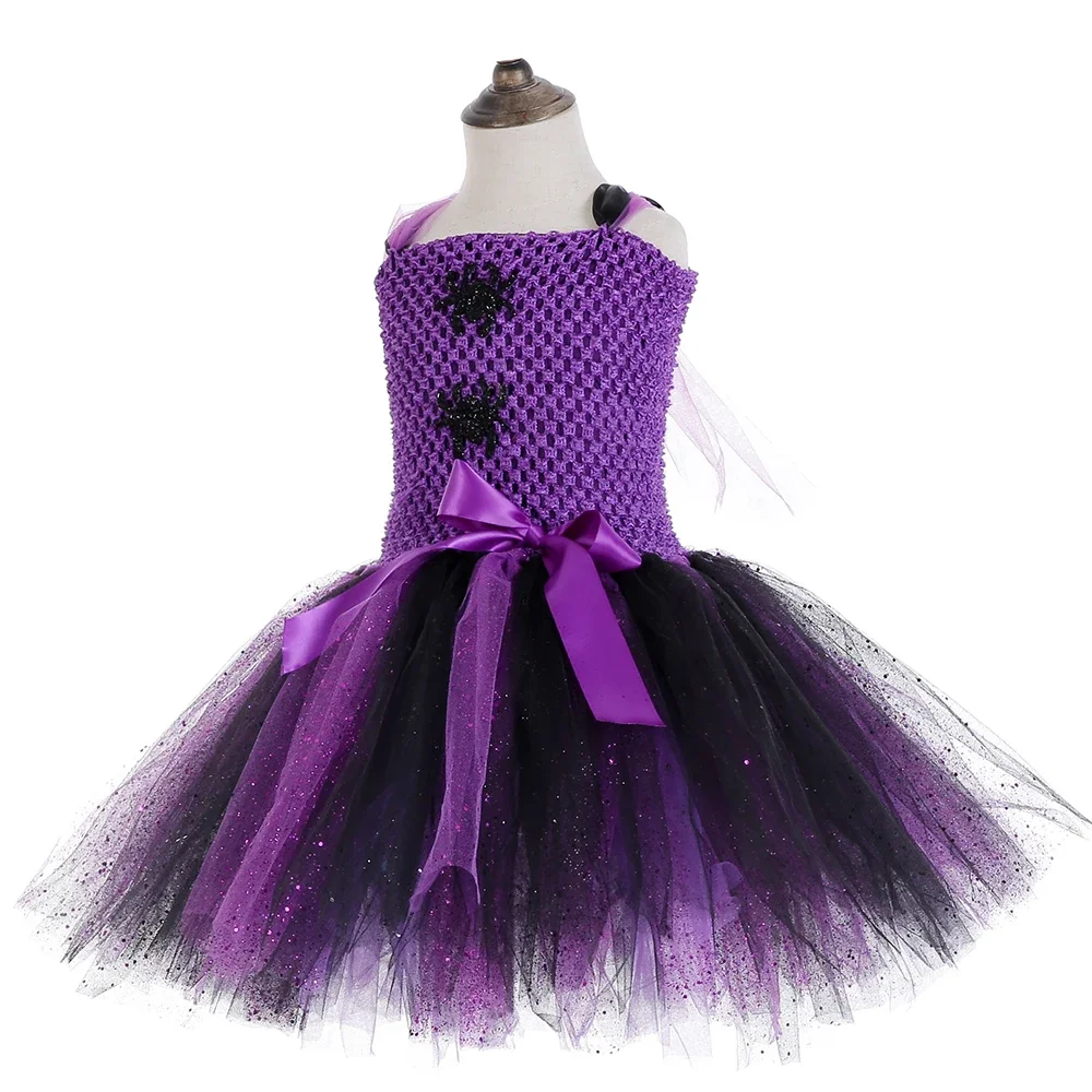 Sparkly Spider Girls Tutu Dress Black Purple Witch Halloween Costume for Kids Girls Performance Carnival Party Fancy Dress 1-14Y