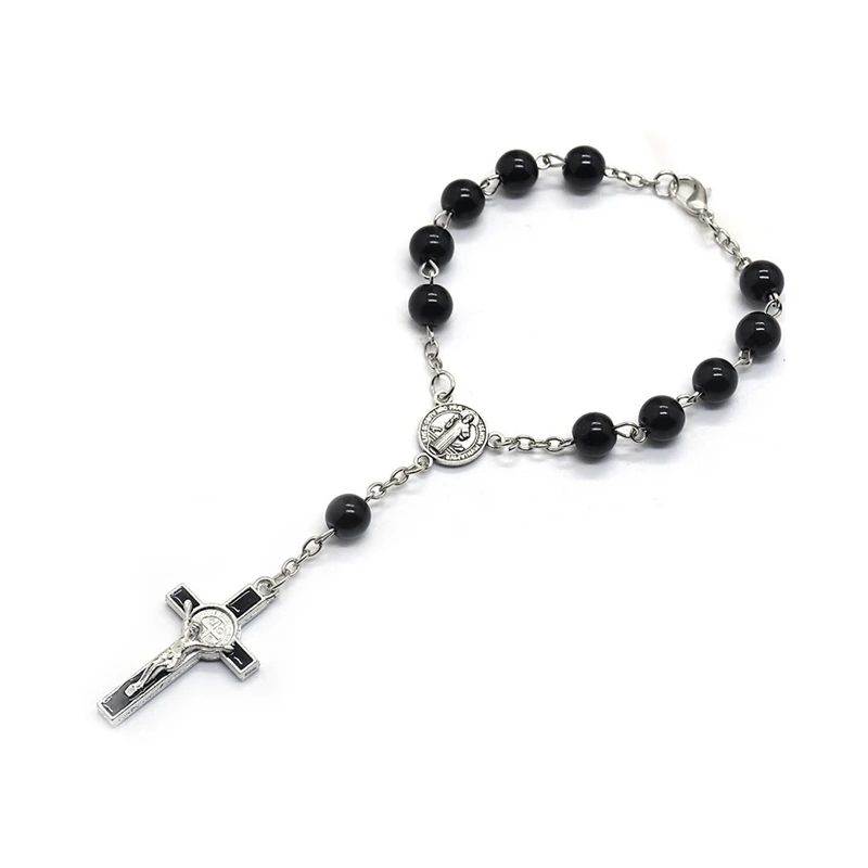 Glass Pearl Rosary Bracelets For Men Women Metal St. Benedict Cross Religious Jewelry