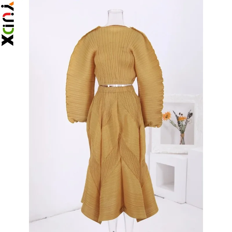 

YUDX Miyake Women Pleated 2 Piece Set Casual Solid Color Long Sleeves Short T-shirt High Waist Skirts Fashion 2024 Spring New