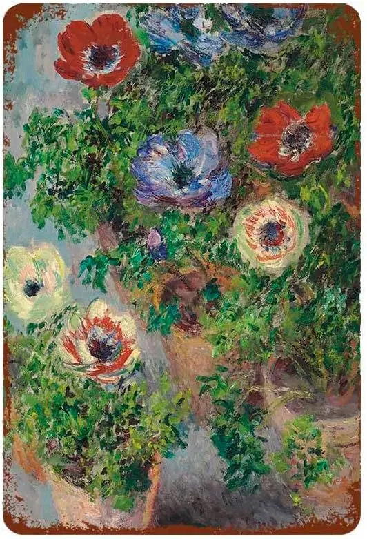 1w,Claude Monet-Still Life With Anemone, letrero de estaño de Metal, decoración de pared Retro para puerta del hogar, jardín, Bar, restaurantes, cafeterías, oficina