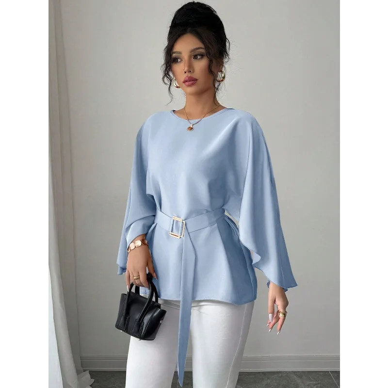 Women Round Neck Long Sleeve Blouse with Belt Loose Oversized Waist Cinched Elegant Office Commuter Solid Casual Tops view 5