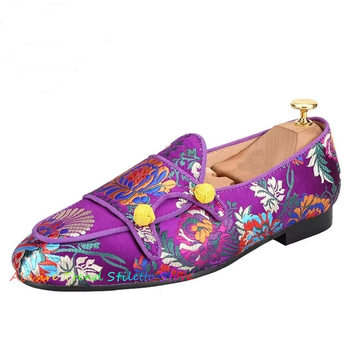 

Mens Formal Embroider Leather Business Party Casual Loafer Dress Shoes 2025 New Chinese Style Printed Silk Handmade Buckle Shoes