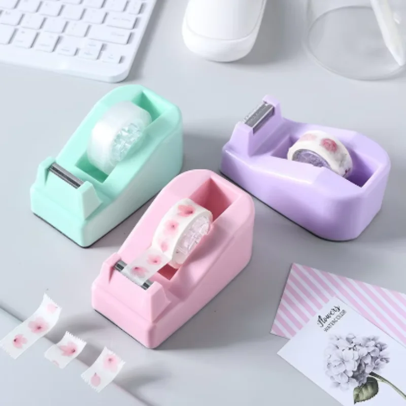 1PC Transparent Box Tape Dispenser Macaron Desktop Tape Holder Tape Cutter Box Students Stationery Gift School Office Supplies