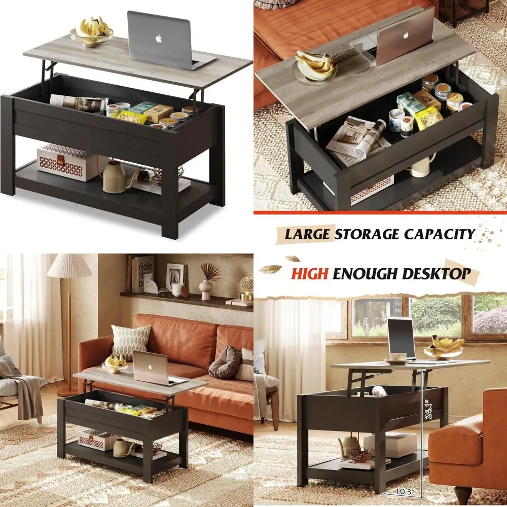 

Lift Top Coffee Table with Storage Shelf, 39 Hidden Compartment for Living Room, Greige Finish