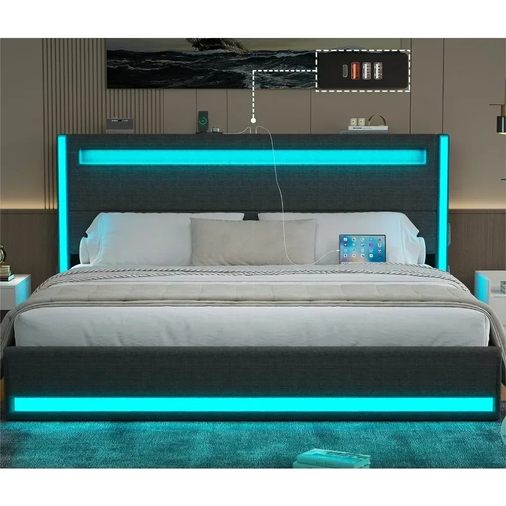 King Size Bed Frame and Adjustable Headboard, Light up King Size Platform Bed Frame with Type-C & USB Charging Station