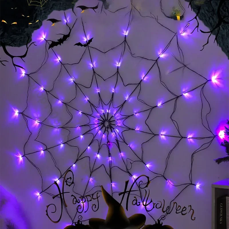 Solar Halloween LED 1.2m Spider Web Lights Waterproof Black Spider Net Lights Halloween Purple String Light Outdoor Home Party D