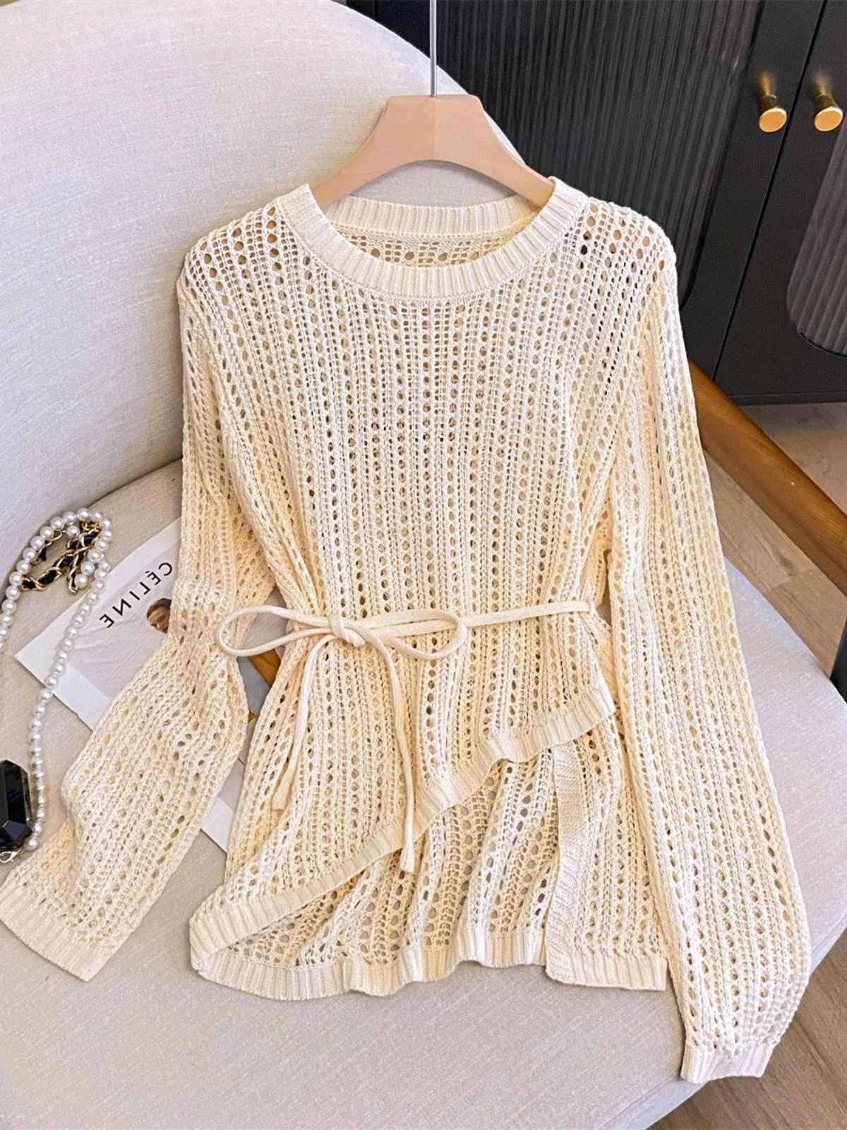 Women's Hollow out Knitted Top Waist-Cinching Air Conditioning Outerwear Trendy Long Sleeve round Neck Mid-Length Shirt