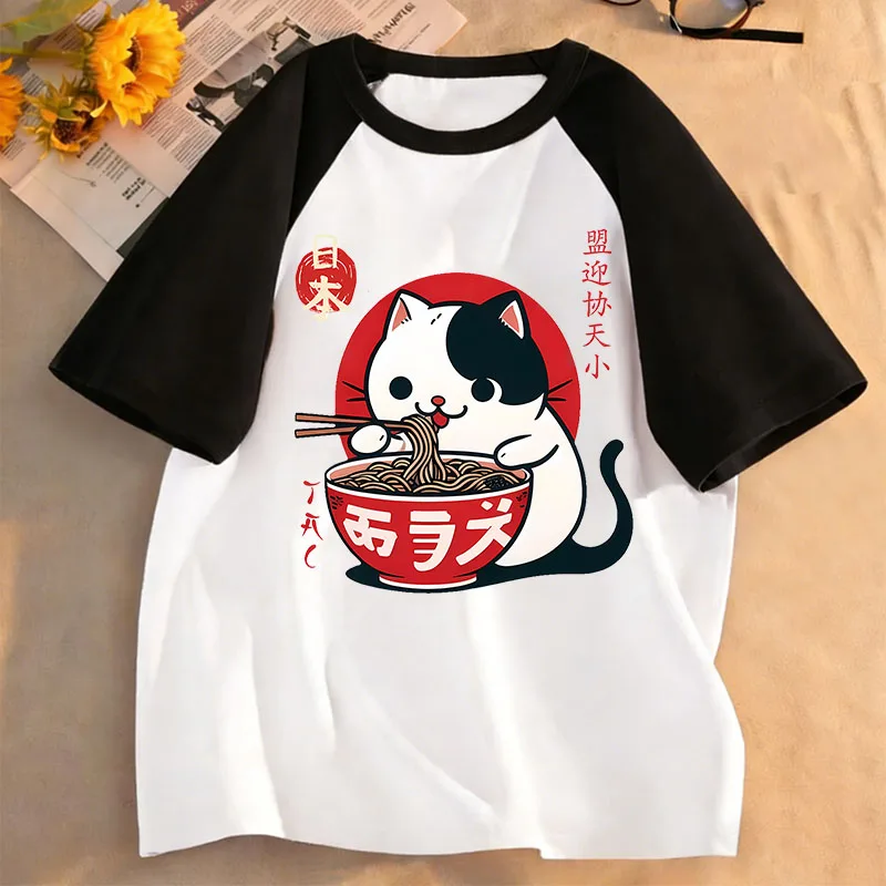 Cute Japanese Style Cat Eat Ramen Design T Shirts Manga Kids Children's T-shirt Boys Girls Summer Spring Casual Top Tee