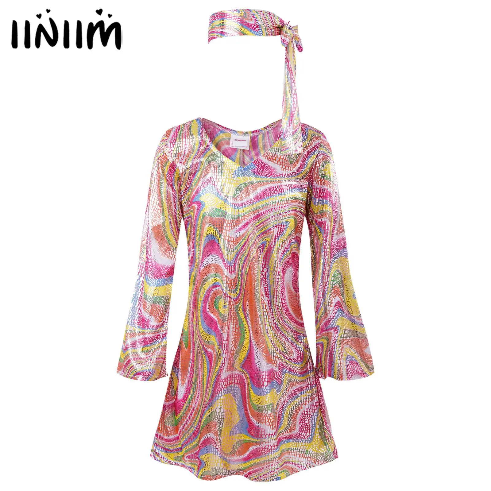 

Girls 70s Disco Cosplay Costume Vintage Print Long Bell Sleeves Hippie Dance Dress with Headband Halloween Party Dress Up