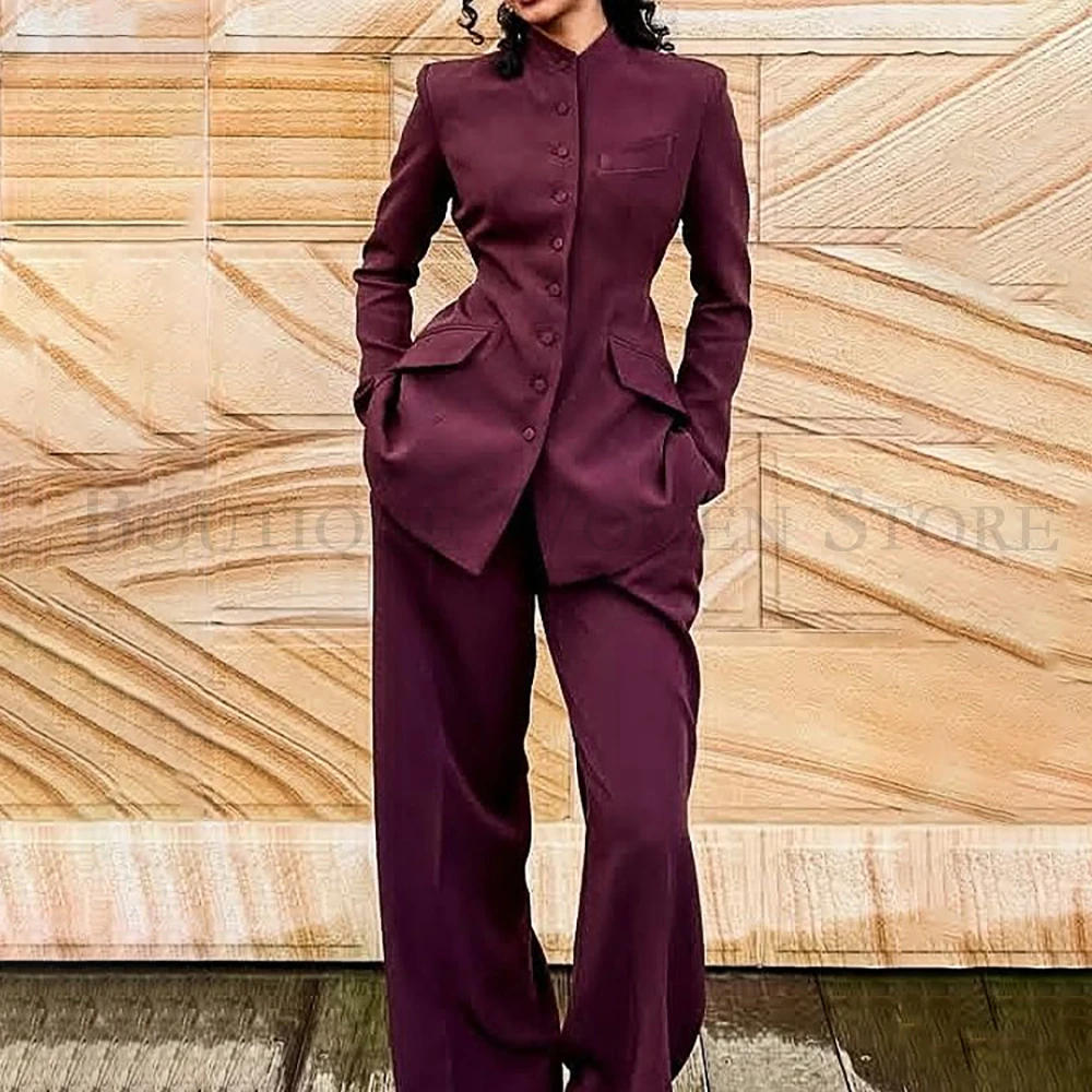 

Stylish Burgundy Women's 2 Piece Suits 2026 Elegant Single Breasted Slim Fit Jacket Pants Sets Luxury Work Female Clothing