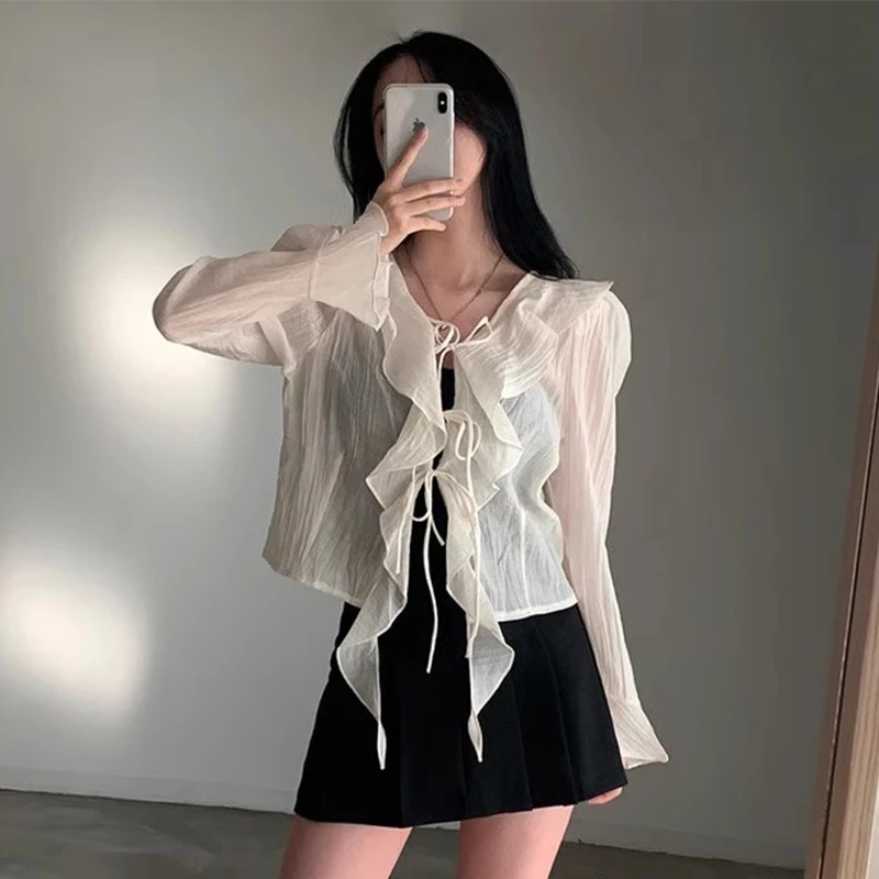 

Ele V-ne Chiffon irt Women's Long Sve Floral Lace Hem Splice Loose Fit Casual Sle Spring Faion Ele