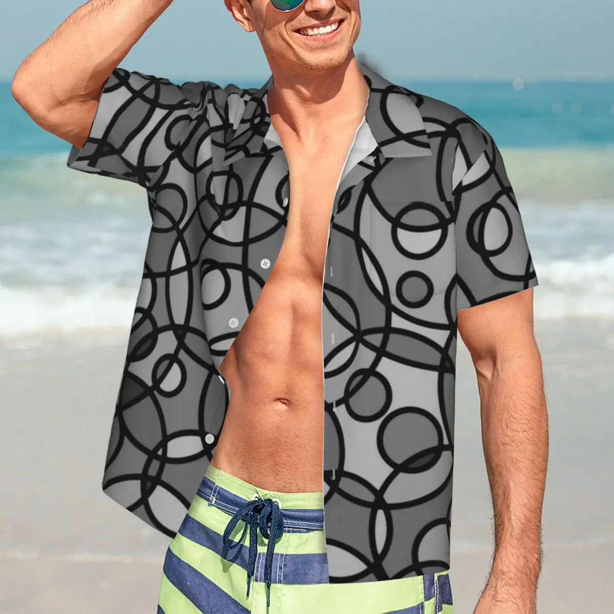 

Summer Shirt Vacation Black Grey Geometric Blouses Retro Circle Print Cool Casual Shirts Man Short-Sleeved Stylish Clothing