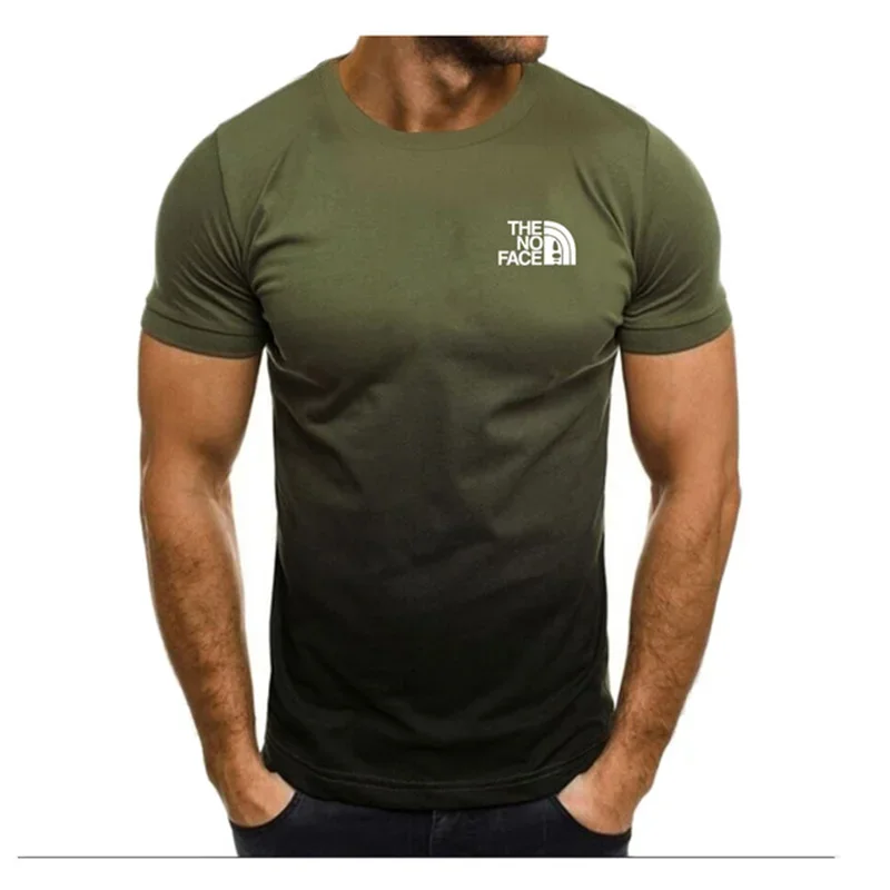 Fashion New Men's Olive Green Gradient T Shirt Mountain Letter Graphic Short Sleeve Casual Workout Tee Trend Streetwear Tops