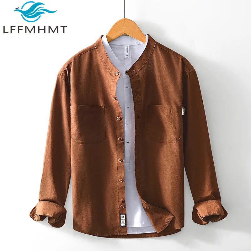 

9136 Japan Fresh Style Solid Color Double Pocket Long Sleeve Shirt for Men Stand Collar 100% Cotton Casual Simple Basic Shirts