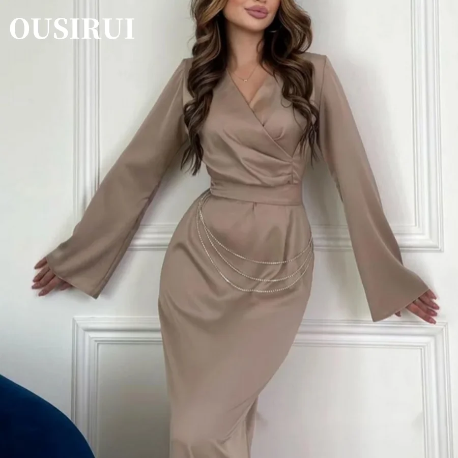 OUSIRUI-vestido elegante de manga larga con cuello en V para mujer, vestido de cintura alta, decoración de Metal, Color sólido, recién llegado en Ins e EBAY